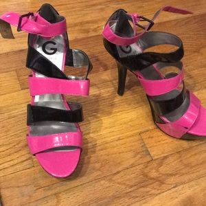 G by guess pink and black stripe heels